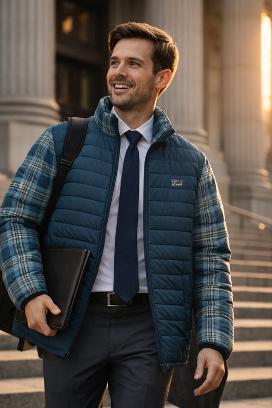 man wearing blue plaid men’s puffer jacket city outfit