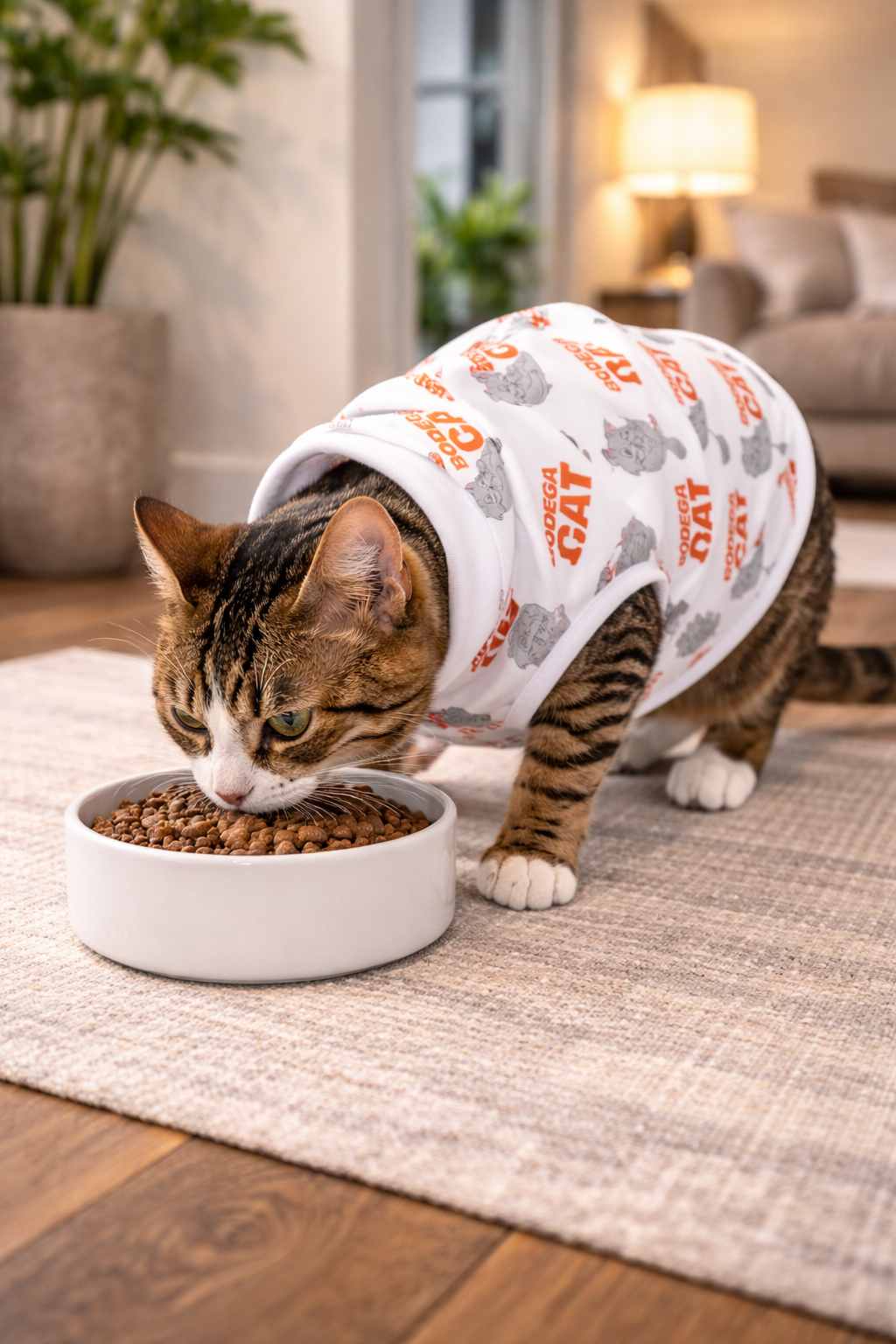 Cat wearing a patterned sweater eating from a bowl indoors.