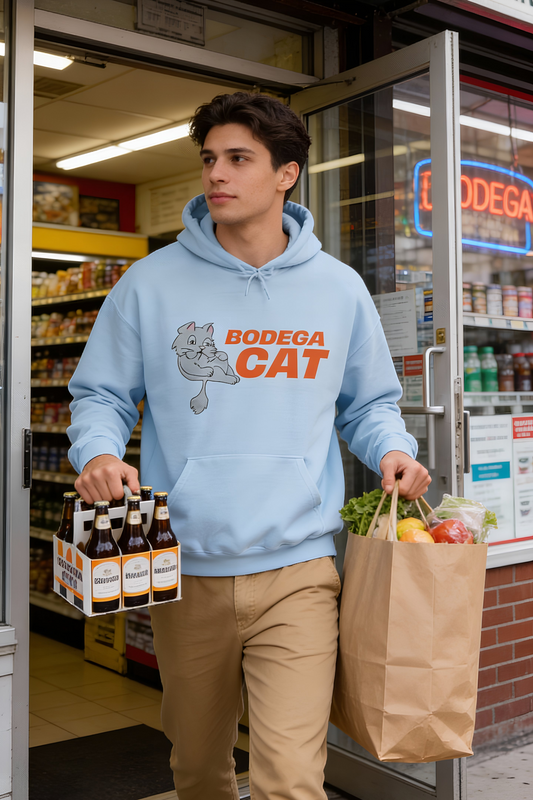 Man wearing light blue Bodega Cat hoodie outside New York bodega carrying groceries