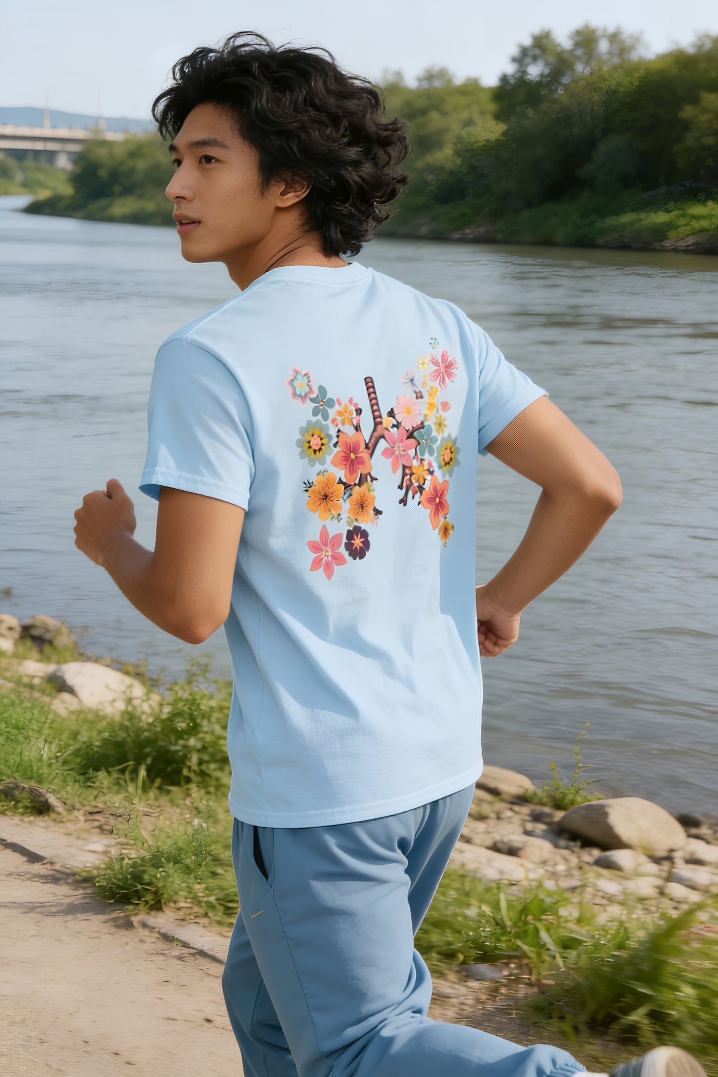 Breath T-Shirt light blue worn by male jogging by the river