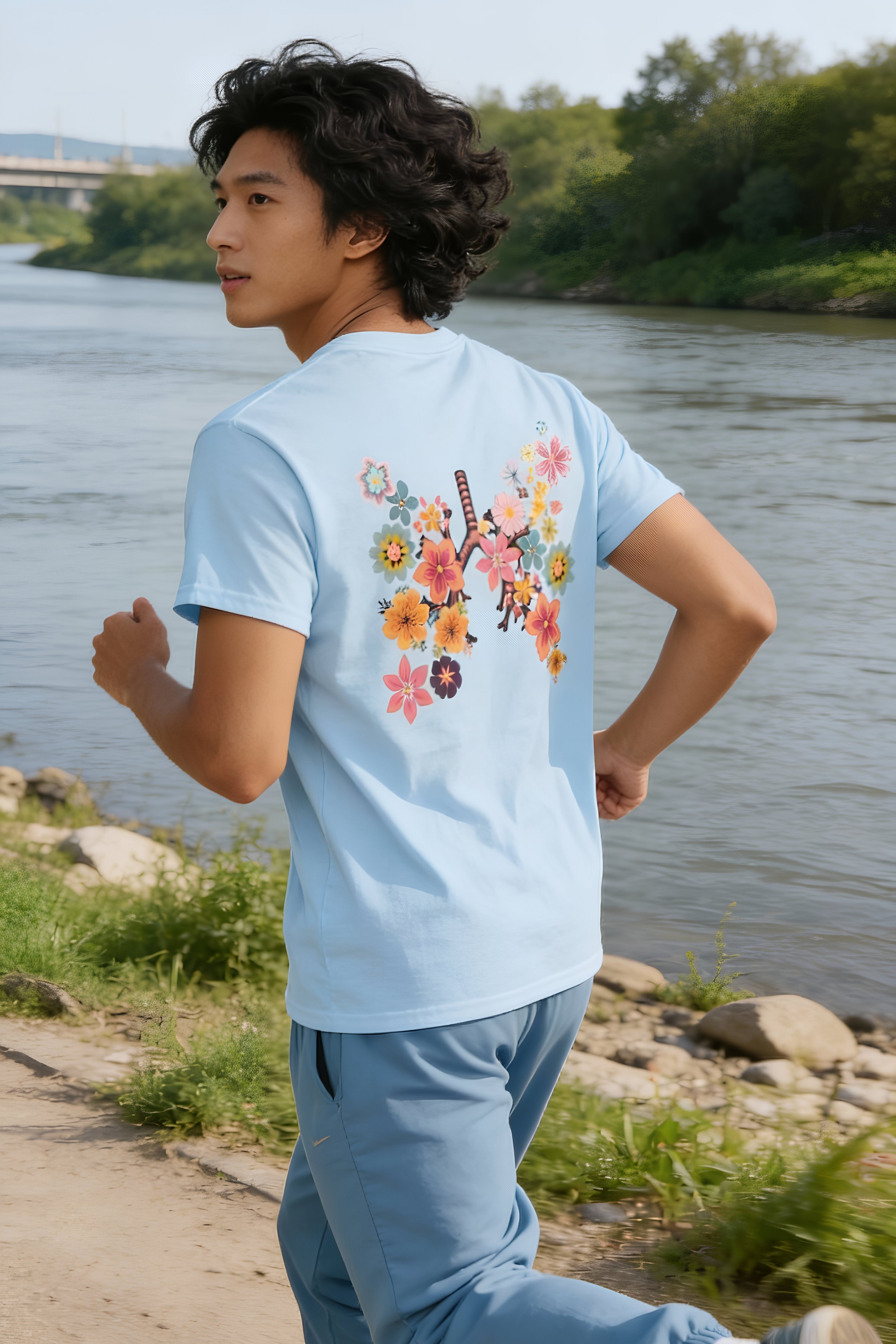Breath T-Shirt light blue worn by male jogging by the river