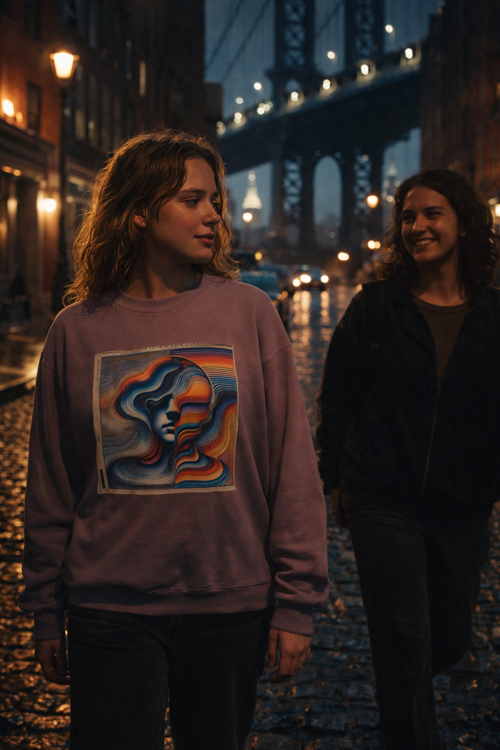 woman wearing indie rock album cover sweatshirt lavender crewneck street style night