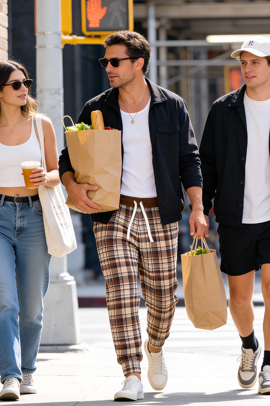 Brown plaid joggers worn by a man walking in the city with shopping bags, casual street style outfit
