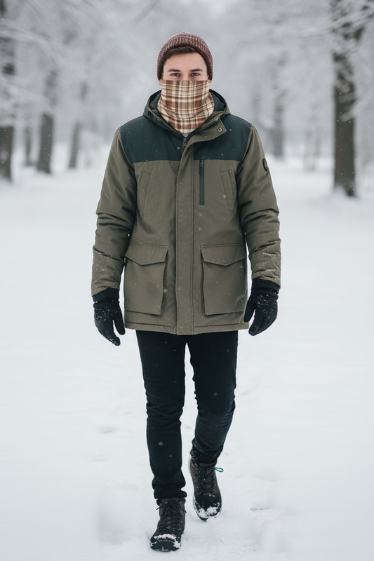 Brown Plaid Tube Scarf neck gaiter worn by man walking outdoors in snow wearing winter jacket