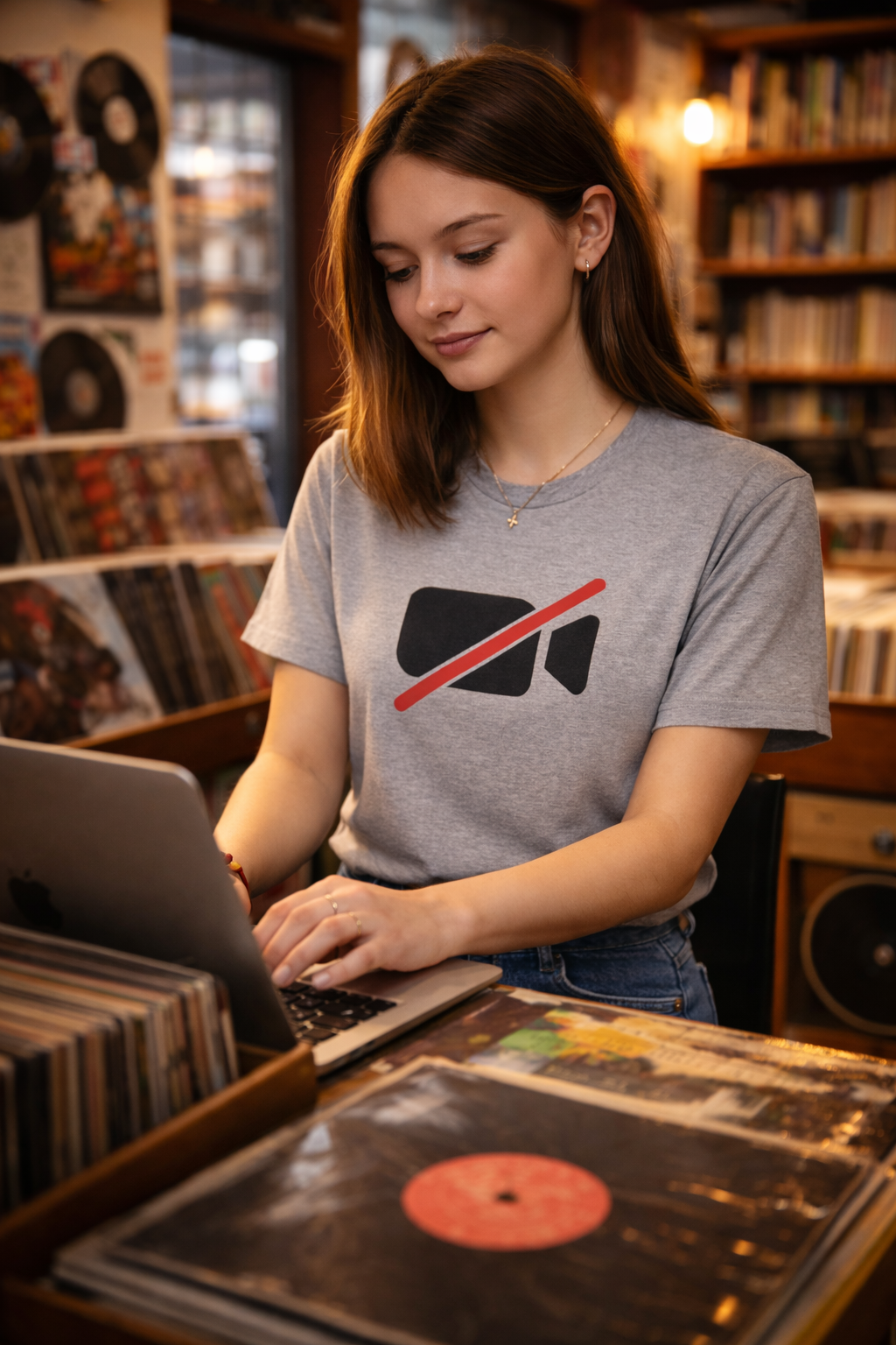 Camera Off unisex T-shirt for introverts and remote workers worn by woman working in creative workspace