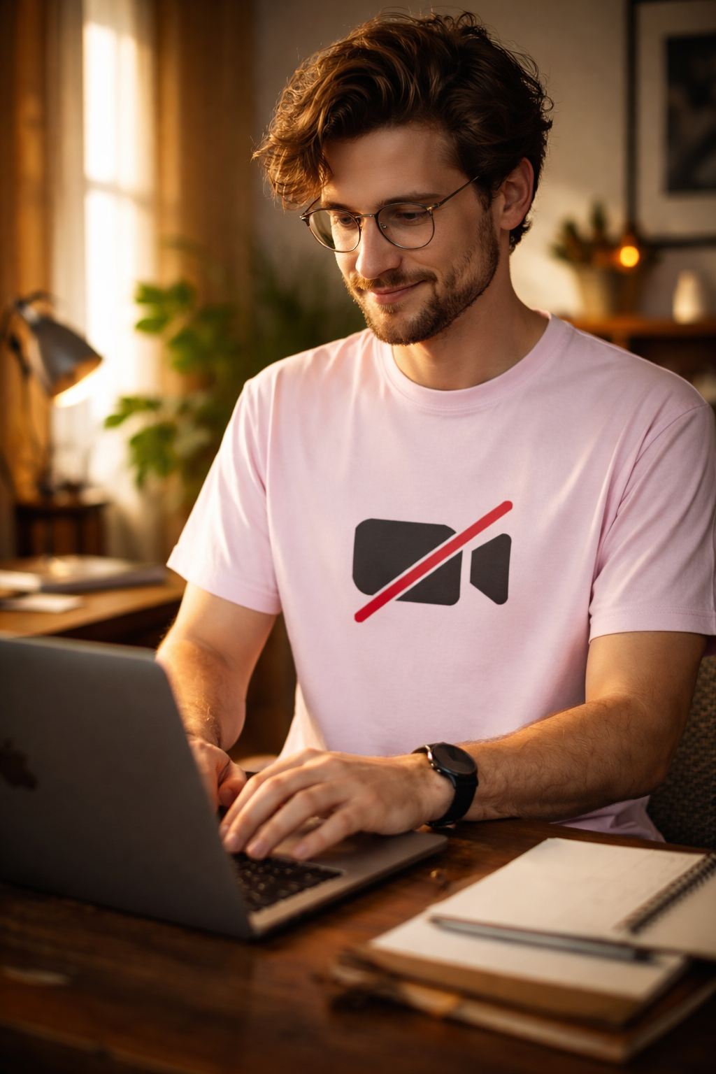 Camera Off unisex T-shirt funny remote work shirt worn by man working on laptop during remote work meeting