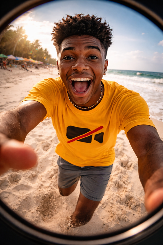 Funny Camera Off unisex T-shirt for remote workers and introverts worn by man taking beach selfie in sunny outdoor setting
