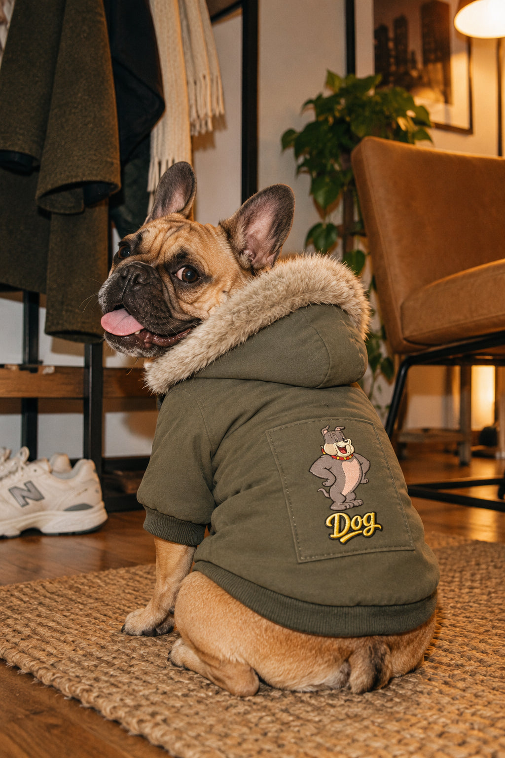 French Bulldog wearing olive green winter pet parka with faux-fur hood indoors