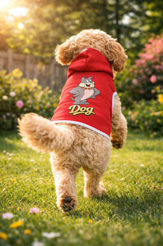 Cartoon bulldog dog hoodie red graphic pet apparel worn by dog walking outdoors