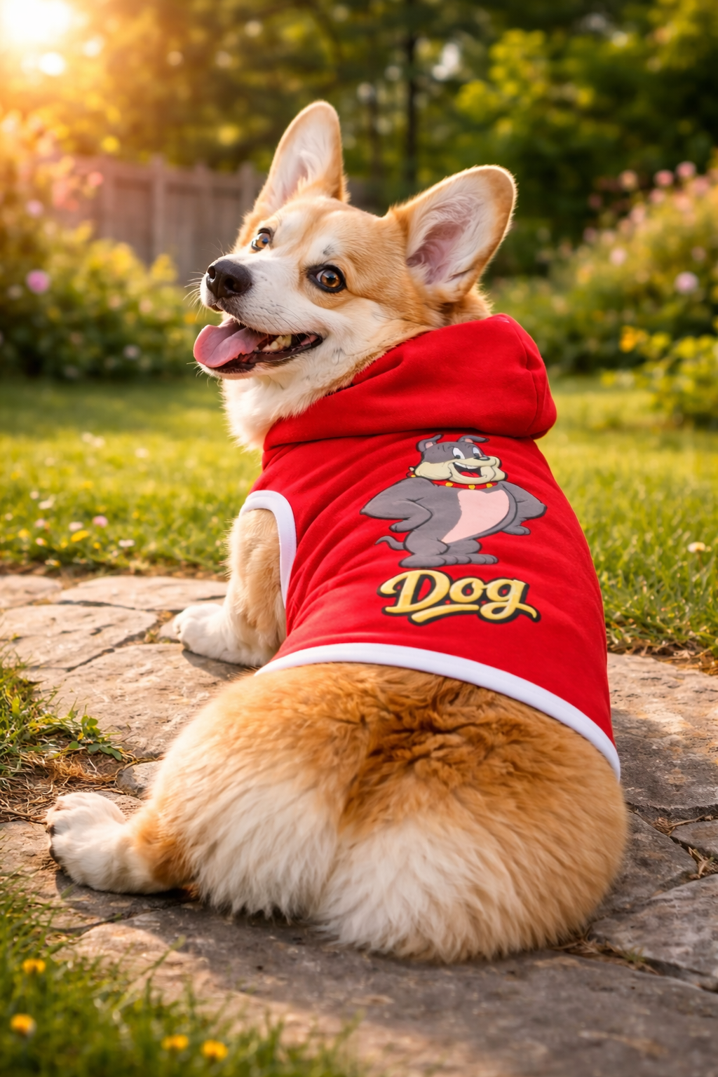Corgi sitting outside in sunlight wearing red cartoon bulldog dog hoodie