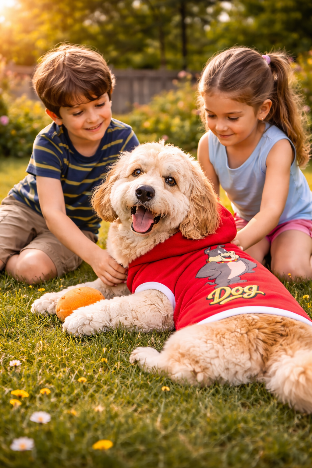 Dog lying on grass with children nearby wearing red cartoon bulldog pet hoodie