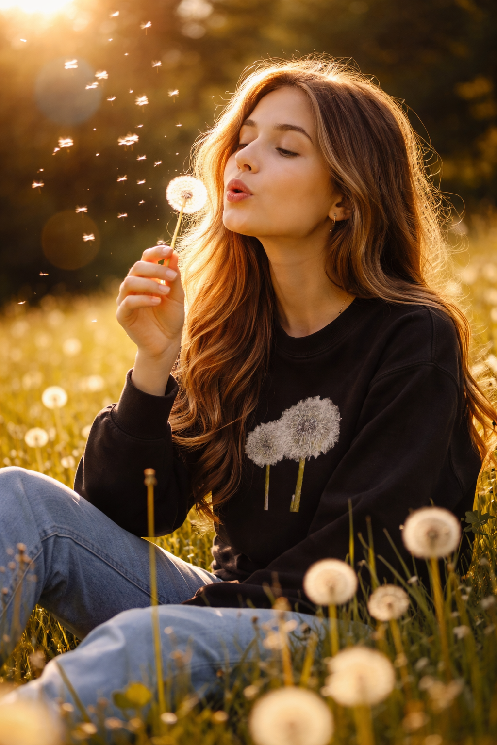 Woman blowing dandelions in field wearing black dandelion graphic unisex sweatshirt