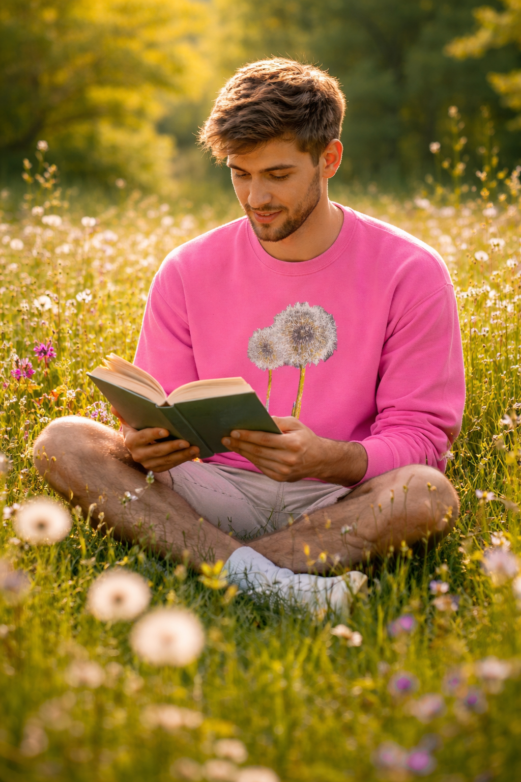 Man sitting in meadow wearing pink dandelion graphic unisex sweatshirt
