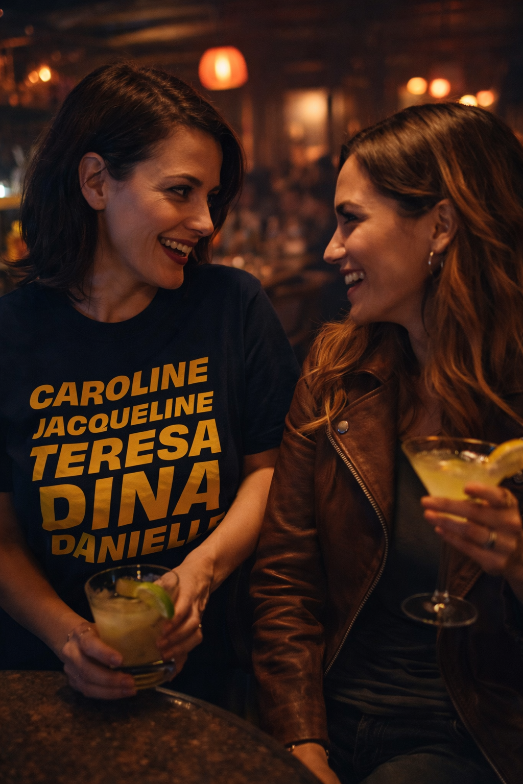 Two women at bar wearing OG NJ Housewives graphic t-shirts, pop culture unisex cotton tee lifestyle photo