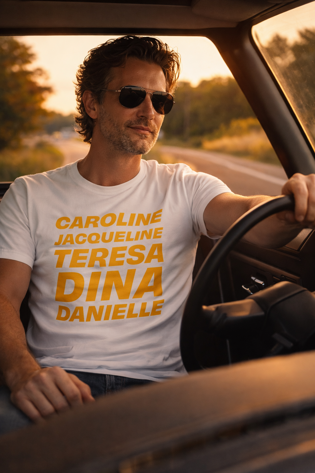 Man driving wearing OG NJ Housewives pop culture graphic t-shirt casual lifestyle photo