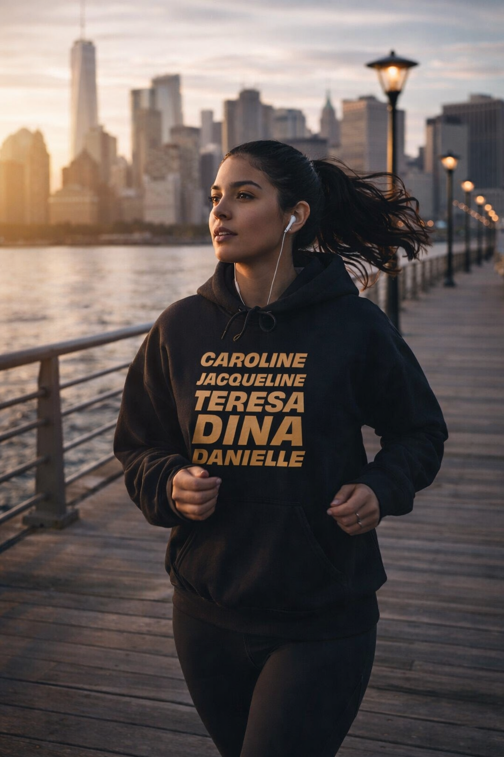 woman wearing black og nj housewives hoodie walking outdoors lifestyle image
