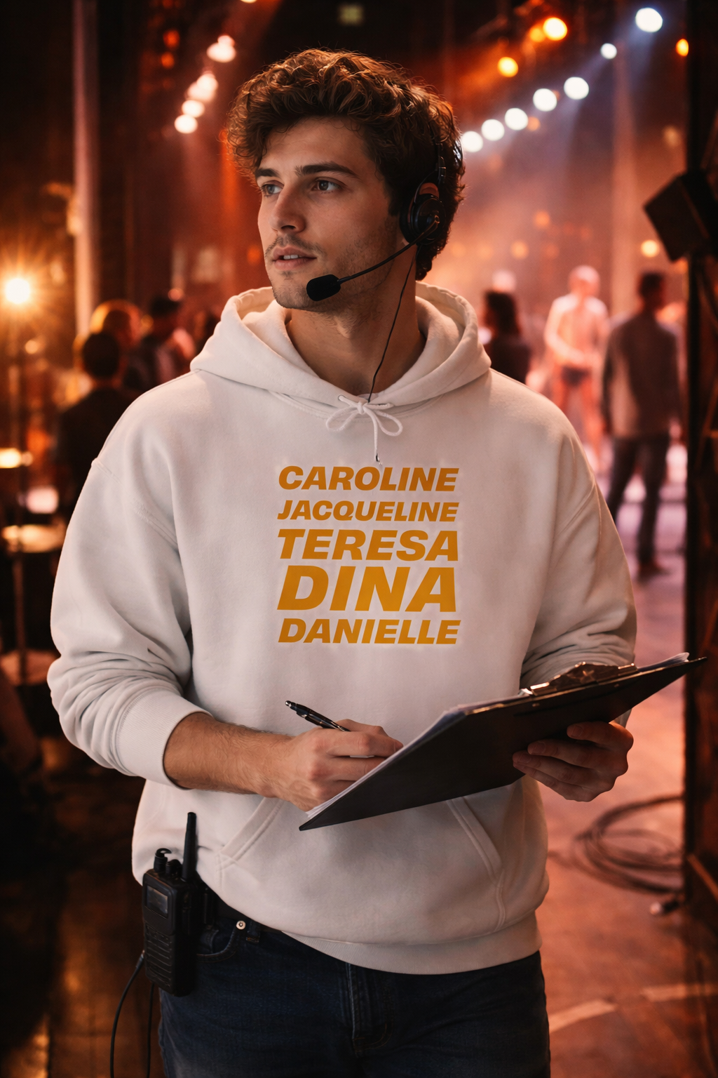 man wearing og nj housewives graphic hoodie on stage set holding clipboard