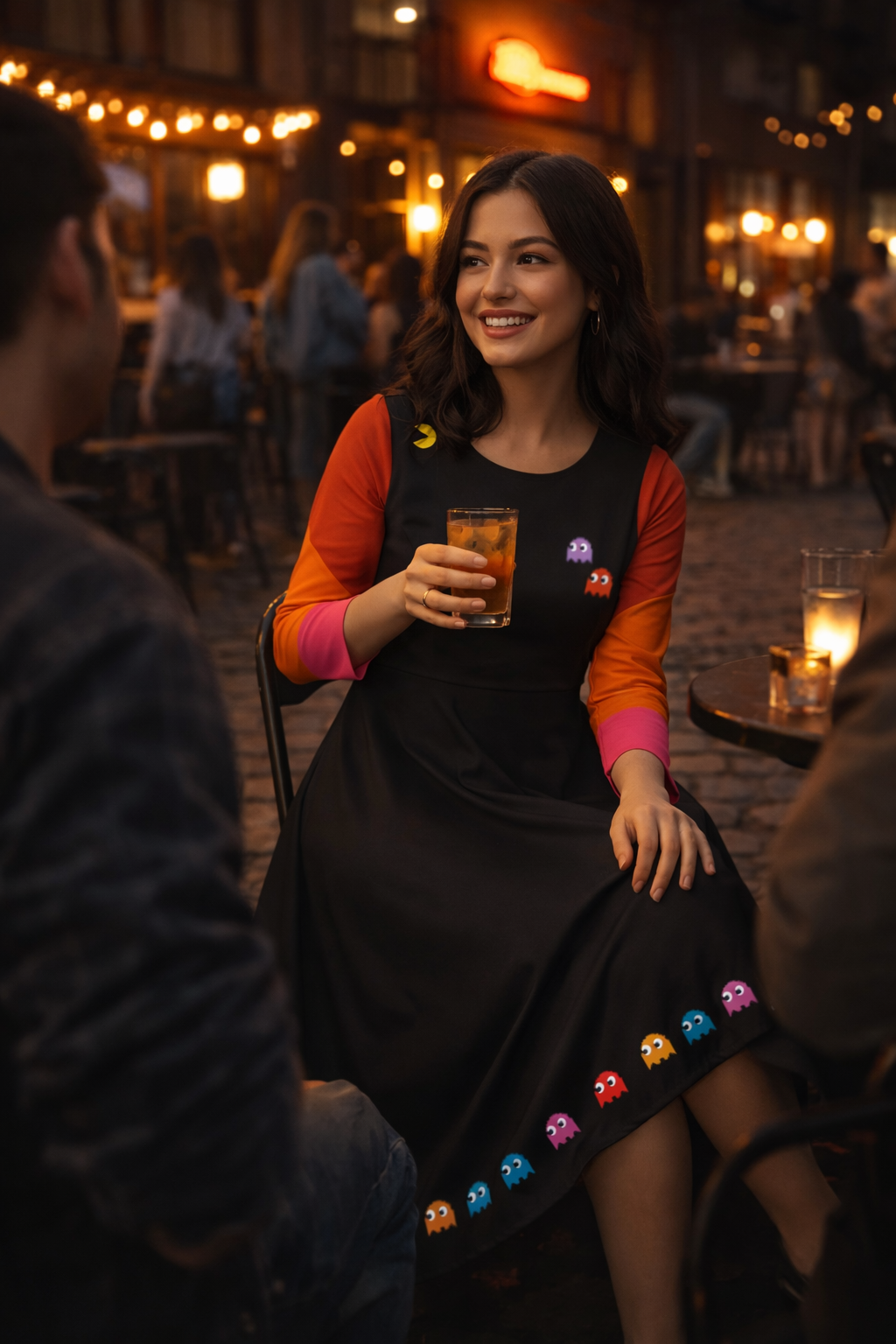 Gamer Girl Retro Ghost Dress – Arcade Pixel Skater Dress worn by woman in a bar