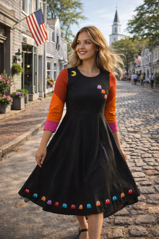 Gamer Girl Retro Ghost Dress – Arcade Pixel Skater Dress worn by model walking on street