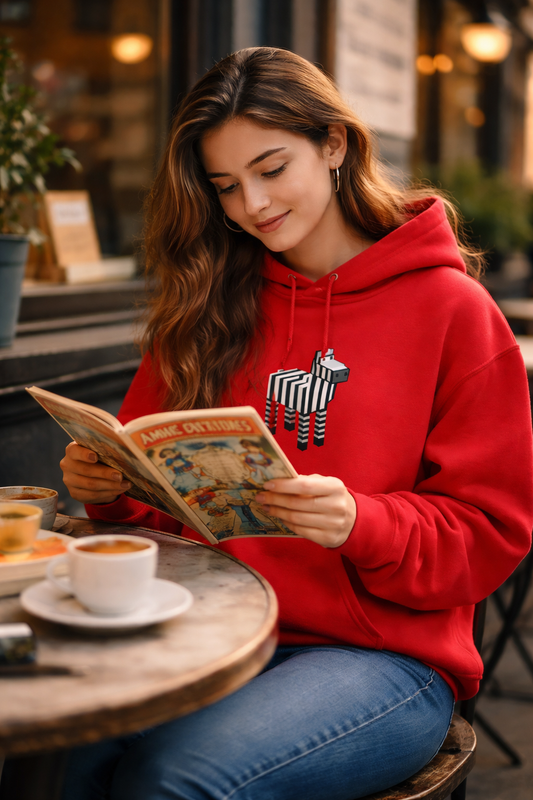 Arcade Zebra Hooded Sweatshirt – Retro Gaming Pixel Hoodie worn by woman in red hoodie reading at a café table
