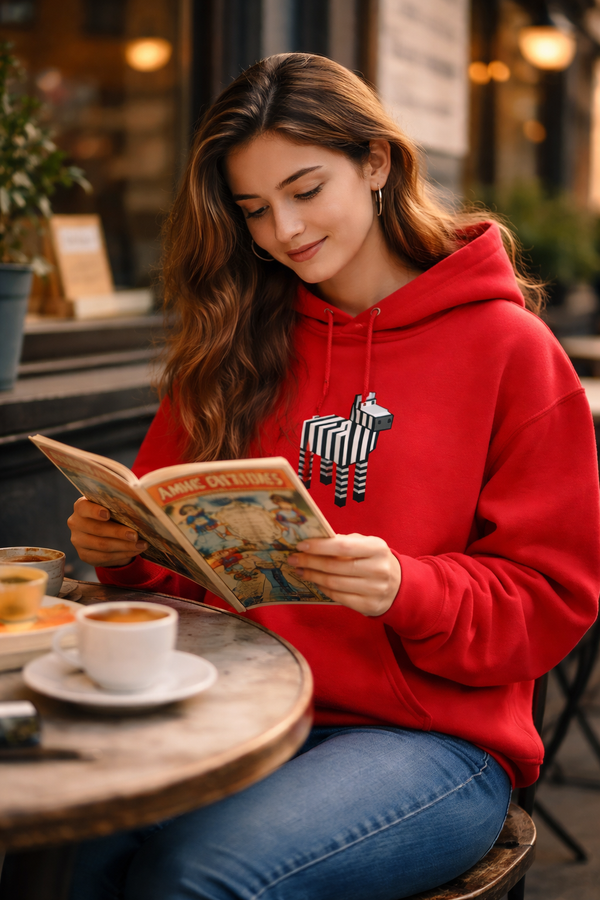 Arcade Zebra Hooded Sweatshirt – Retro Gaming Pixel Hoodie worn by woman in red hoodie reading at a café table