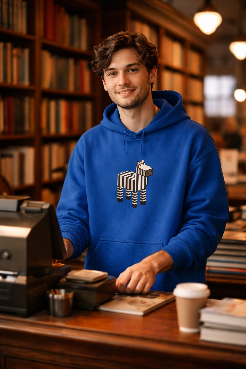 Arcade Zebra Hooded Sweatshirt – Retro Gaming Pixel Hoodie worn by man in blue hoodie indoors