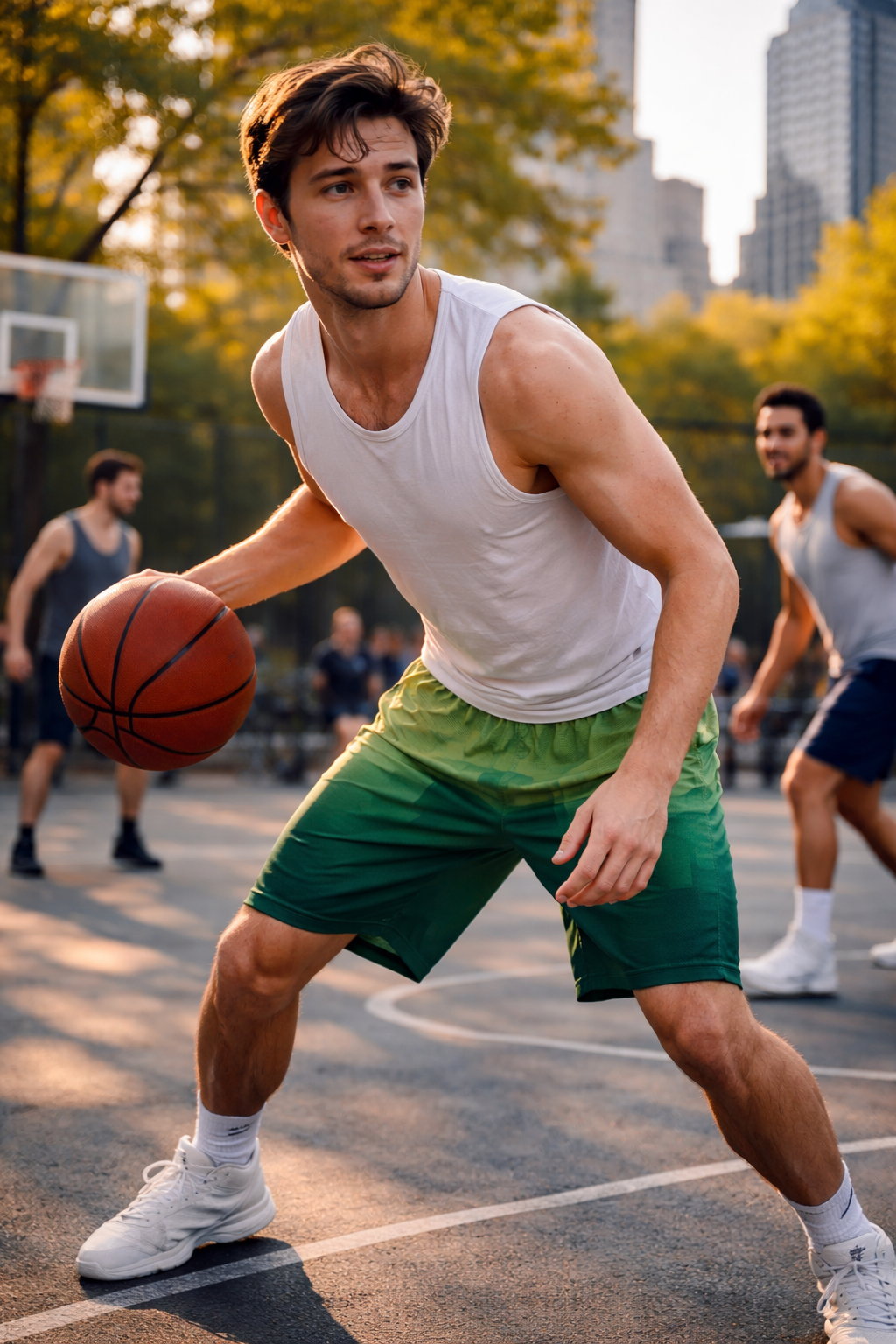 8-bit Green Basketball Shorts worn by a man playing basketball on an outdoor court
