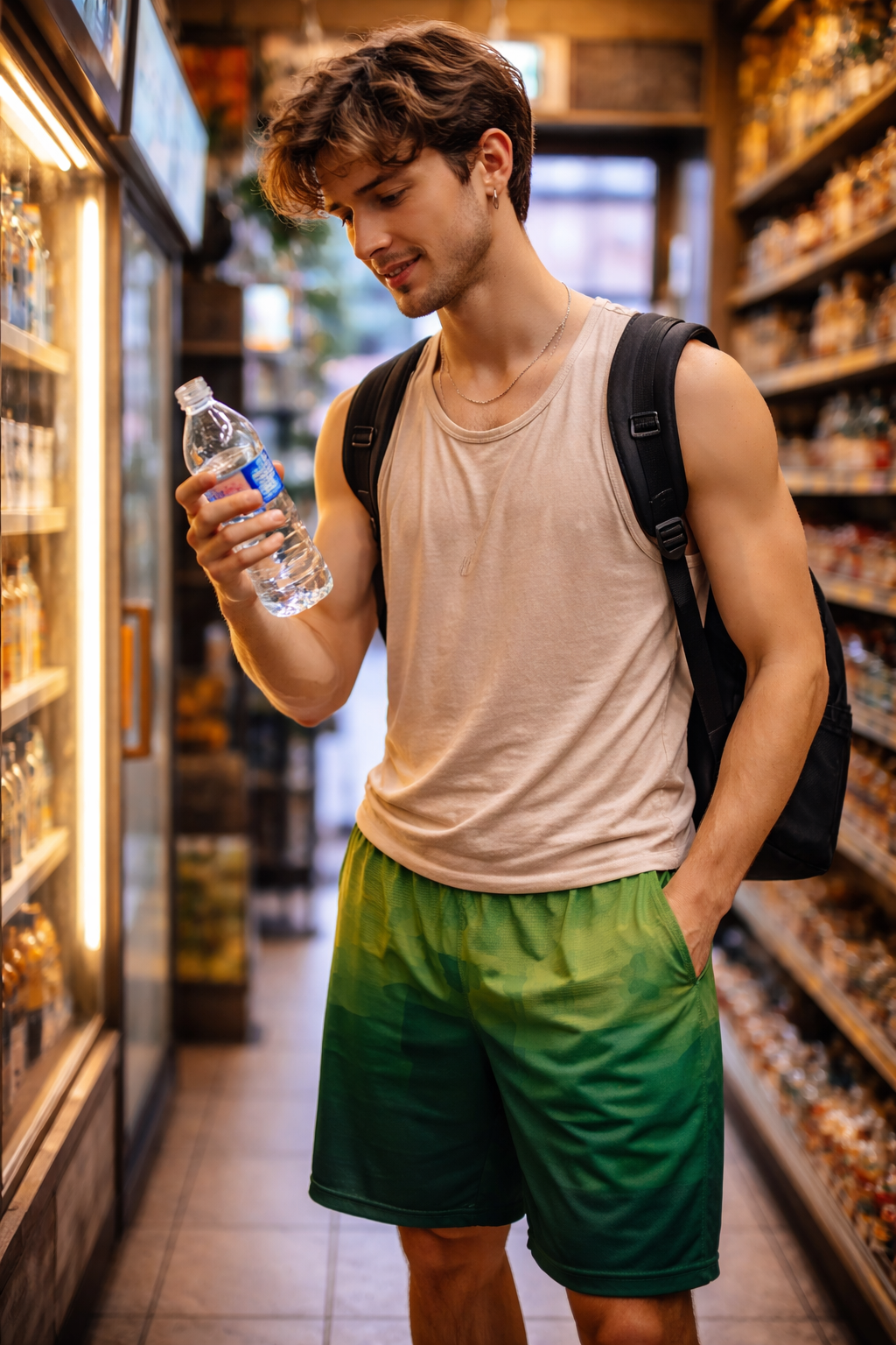 8-bit Green Basketball Shorts worn by a man in a store aisle lifestyle photo