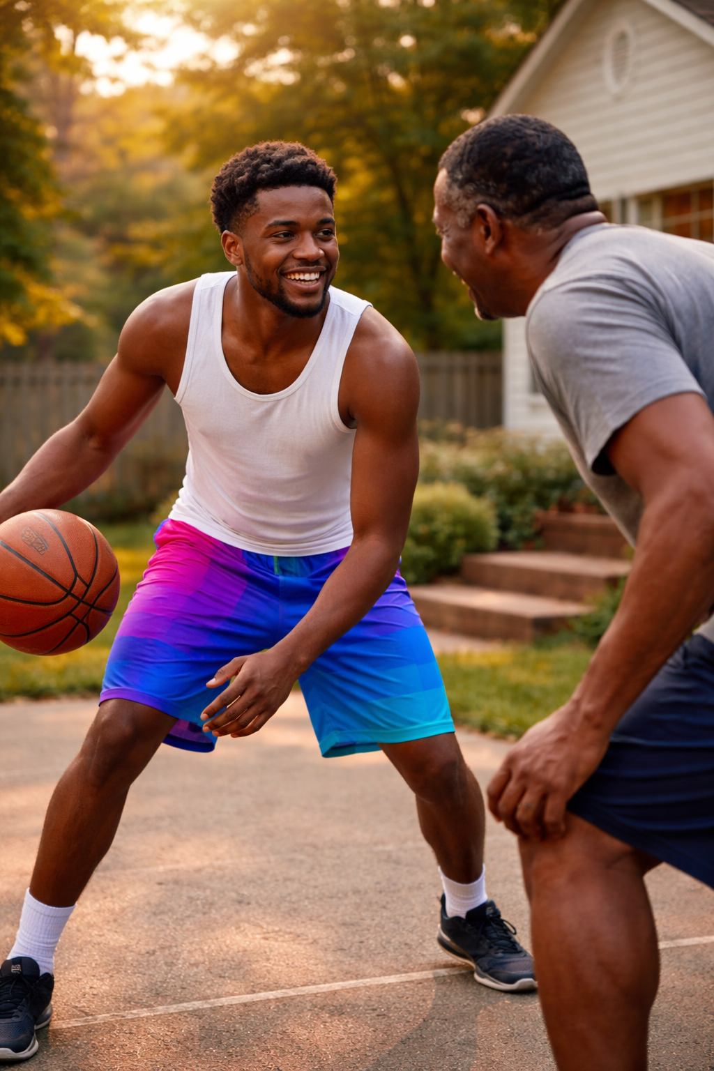 8-bit Rainbow Men’s Shorts worn by two men playing basketball outdoors