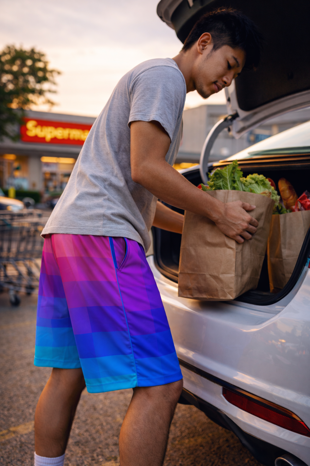 8-bit Rainbow Men’s Shorts worn by model loading groceries into a car