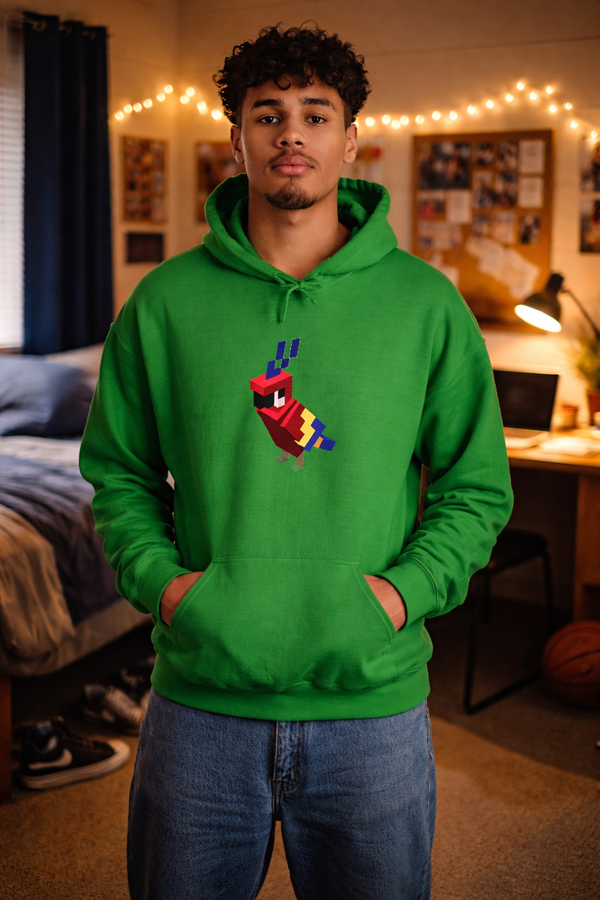 Person wearing a green Arcade Parrot hooded sweatshirt  in a bedroom setting