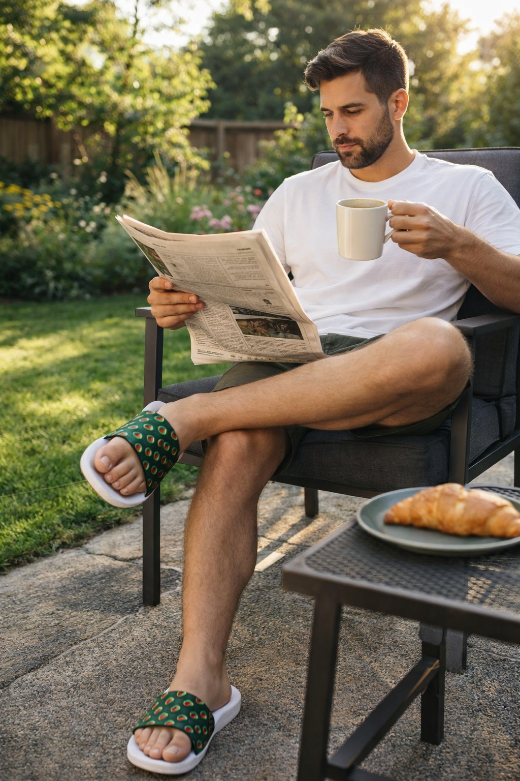 Man relaxing outdoors wearing green watermelon slide sandals and holding coffee