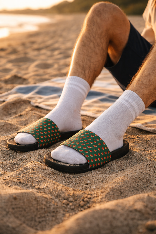 Man wearing green watermelon slide sandals sitting on sandy beach at sunset