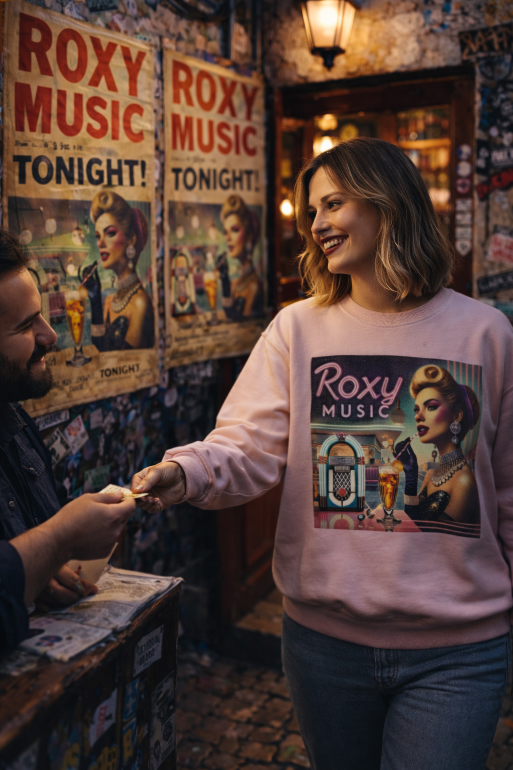 Woman wearing a Roxy Music-themed sweatshirt in a bar with posters on the wall.