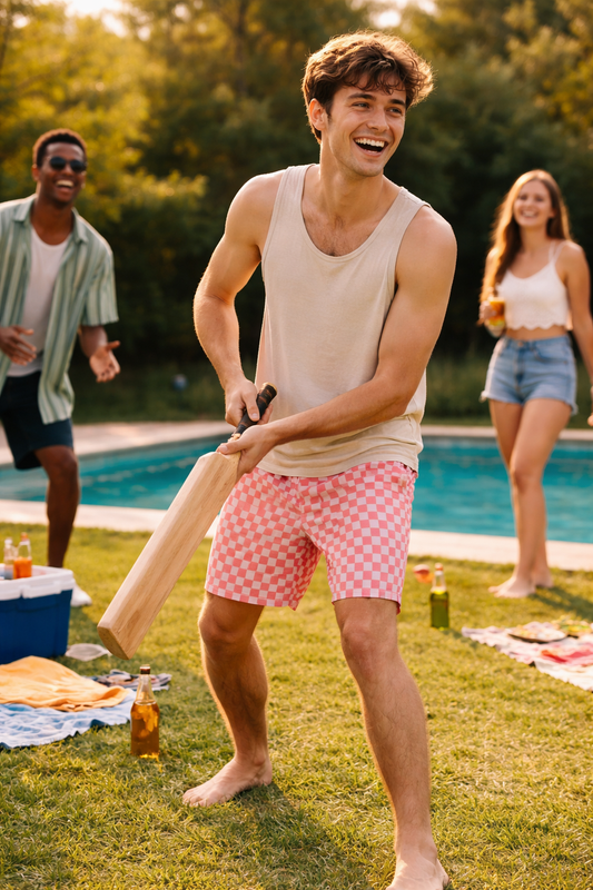 Peach Check Men’s Beach Shorts – Retro Checkerboard Swim & Street Shorts