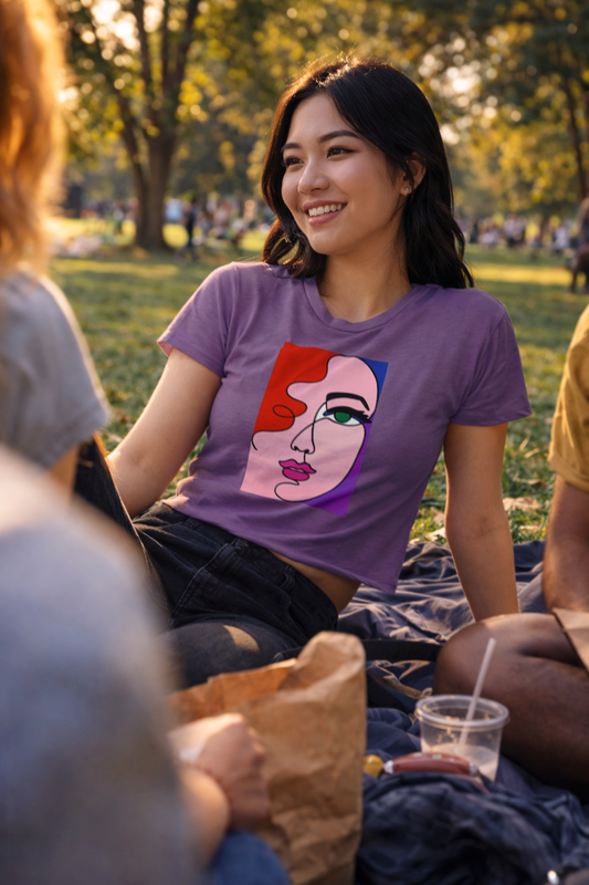 woman wearing purple abstract line art crop top sitting outdoors with friends
