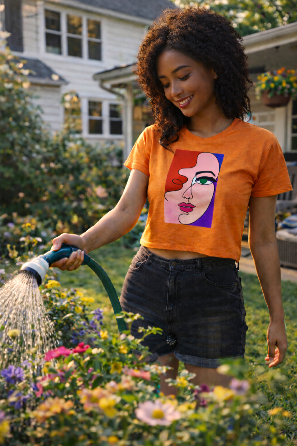 woman wearing orange abstract graphic crop top in garden setting
