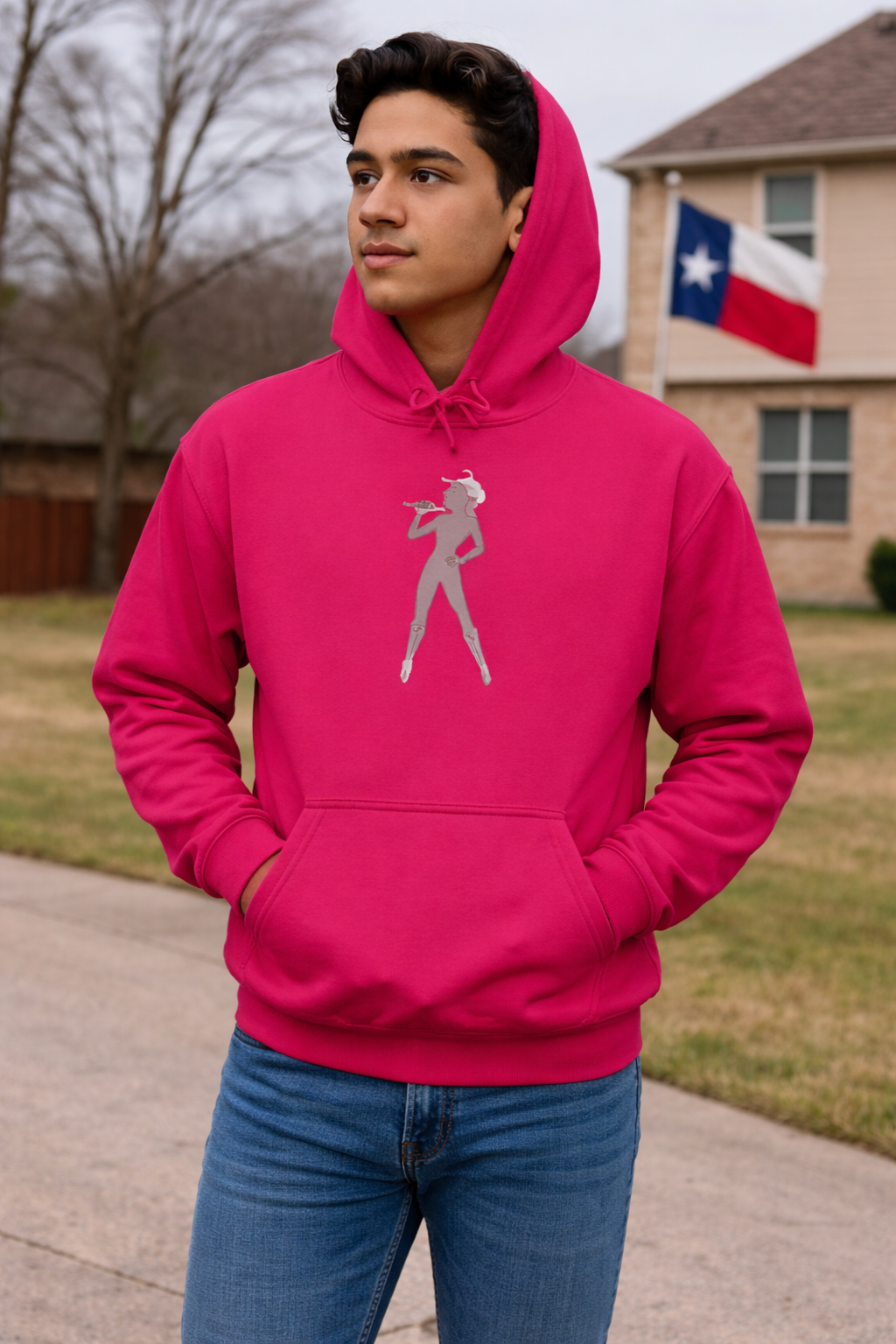 Light pink Bey Country Unisex Fleece Hoodie worn on city street with front graphic design visible