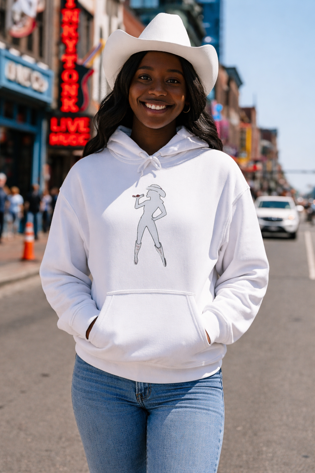White Bey Country Unisex Fleece Hoodie worn outdoors featuring country music inspired dancer graphic