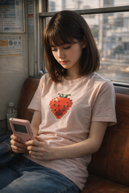 Gen Z woman wearing pixel strawberry graphic gaming t-shirt sitting on train