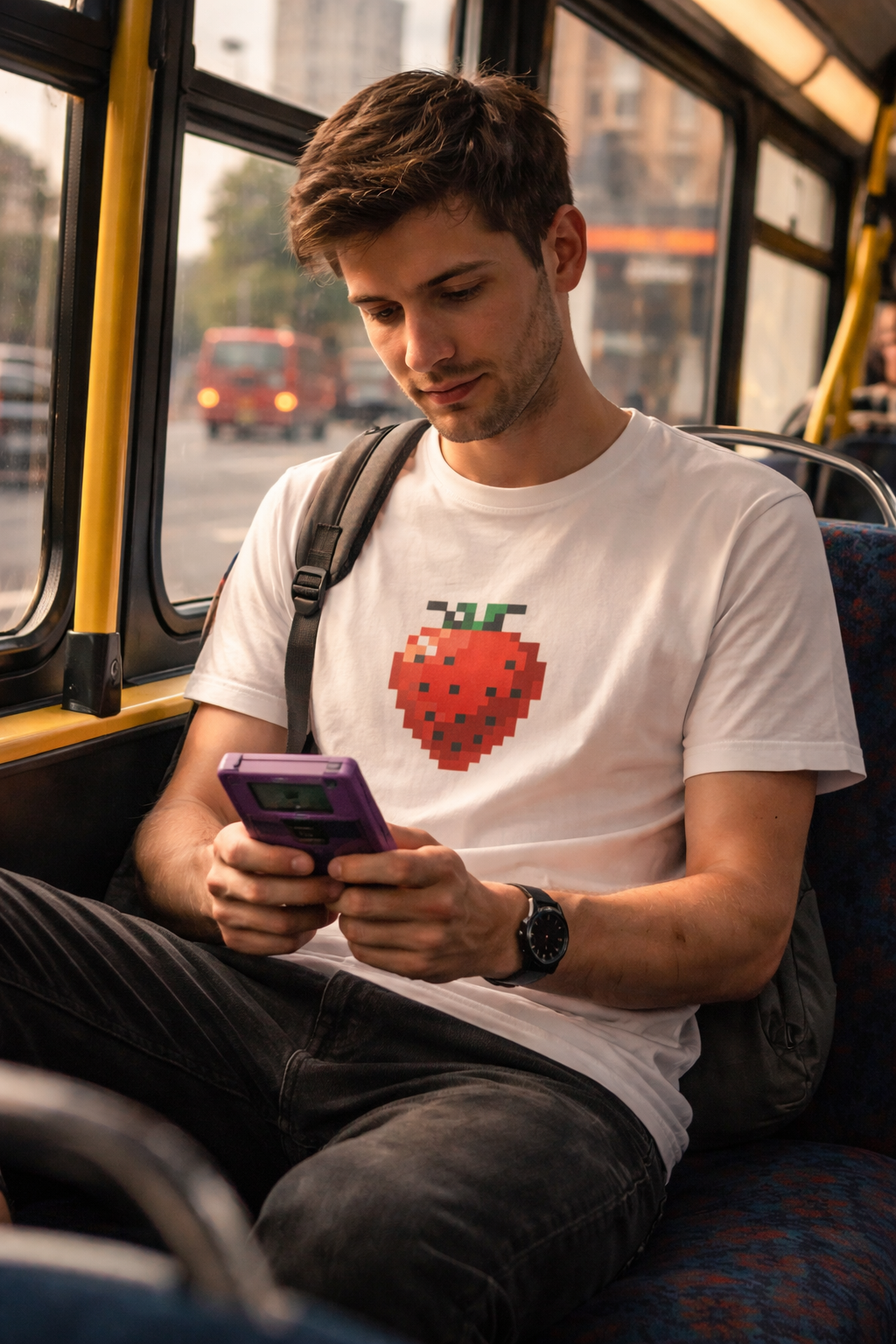 Male model wearing white pixel strawberry unisex gaming t-shirt