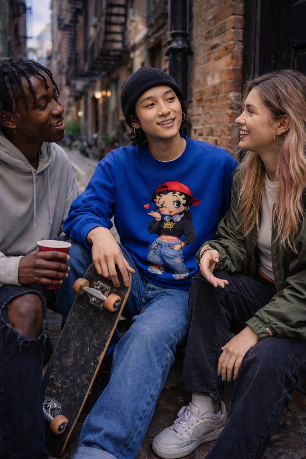 Three friends sitting together in an urban alleyway, one holding a skateboard and wearing a betty boop blue sweatshirt streetwear styling