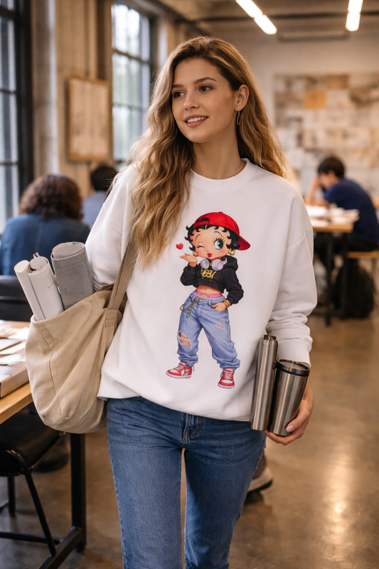 woman wearing betty boop unisex crewneck sweatshirt lifestyle college scene