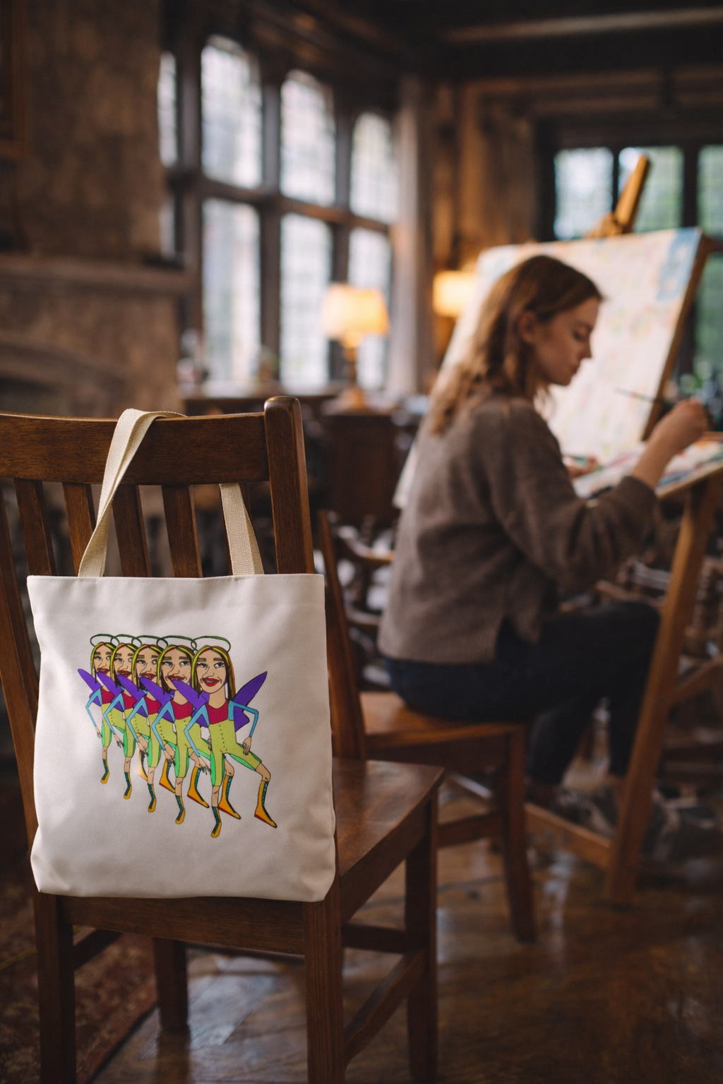 Angelic Sportsy Tote Bag displayed on chair in creative studio lifestyle setting