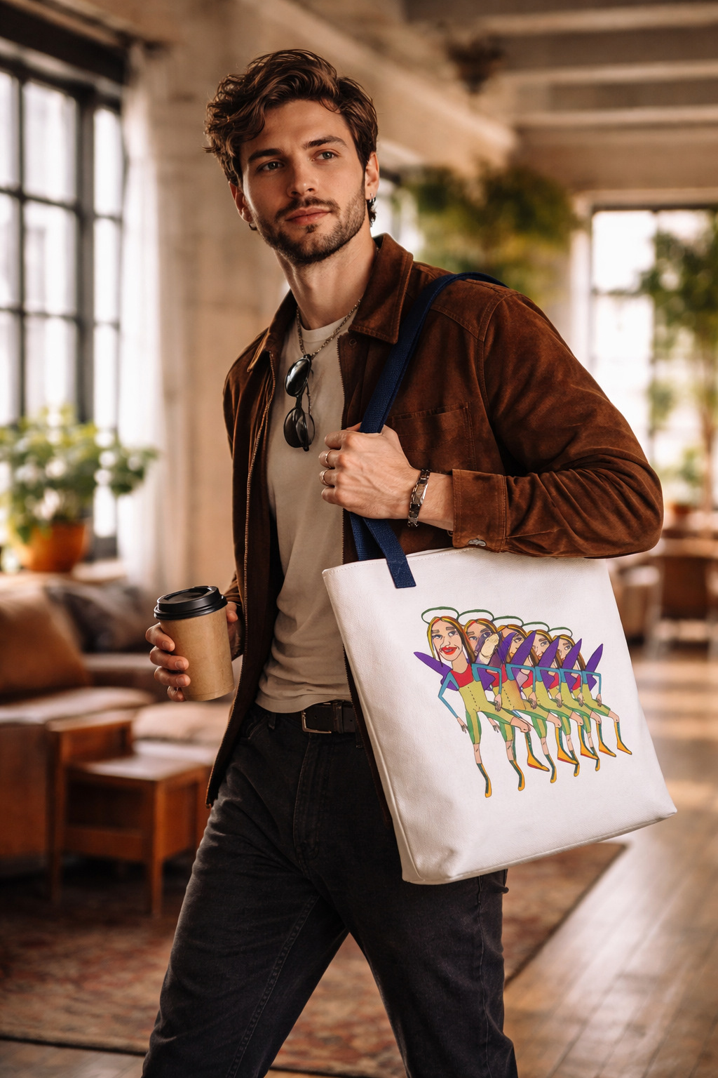 Angelic Sportsy Tote Bag worn over shoulder urban indoor environment