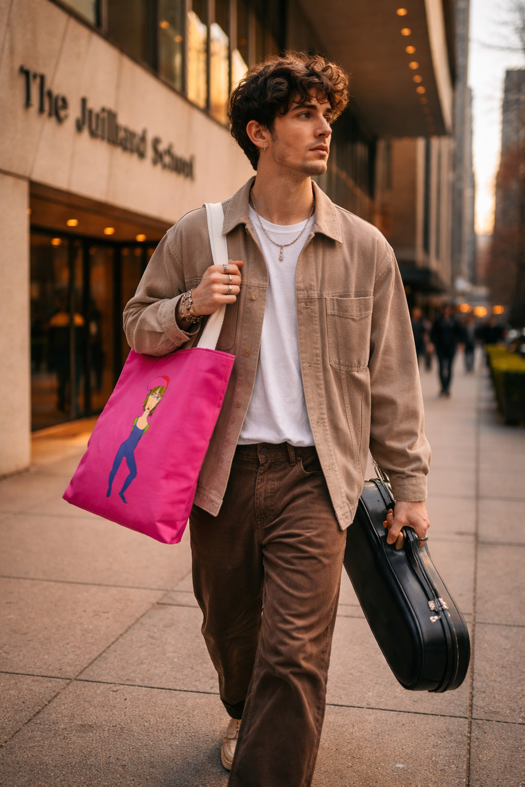 Young man walking in city carrying vibrant pink illustrated Cody Tote Bag