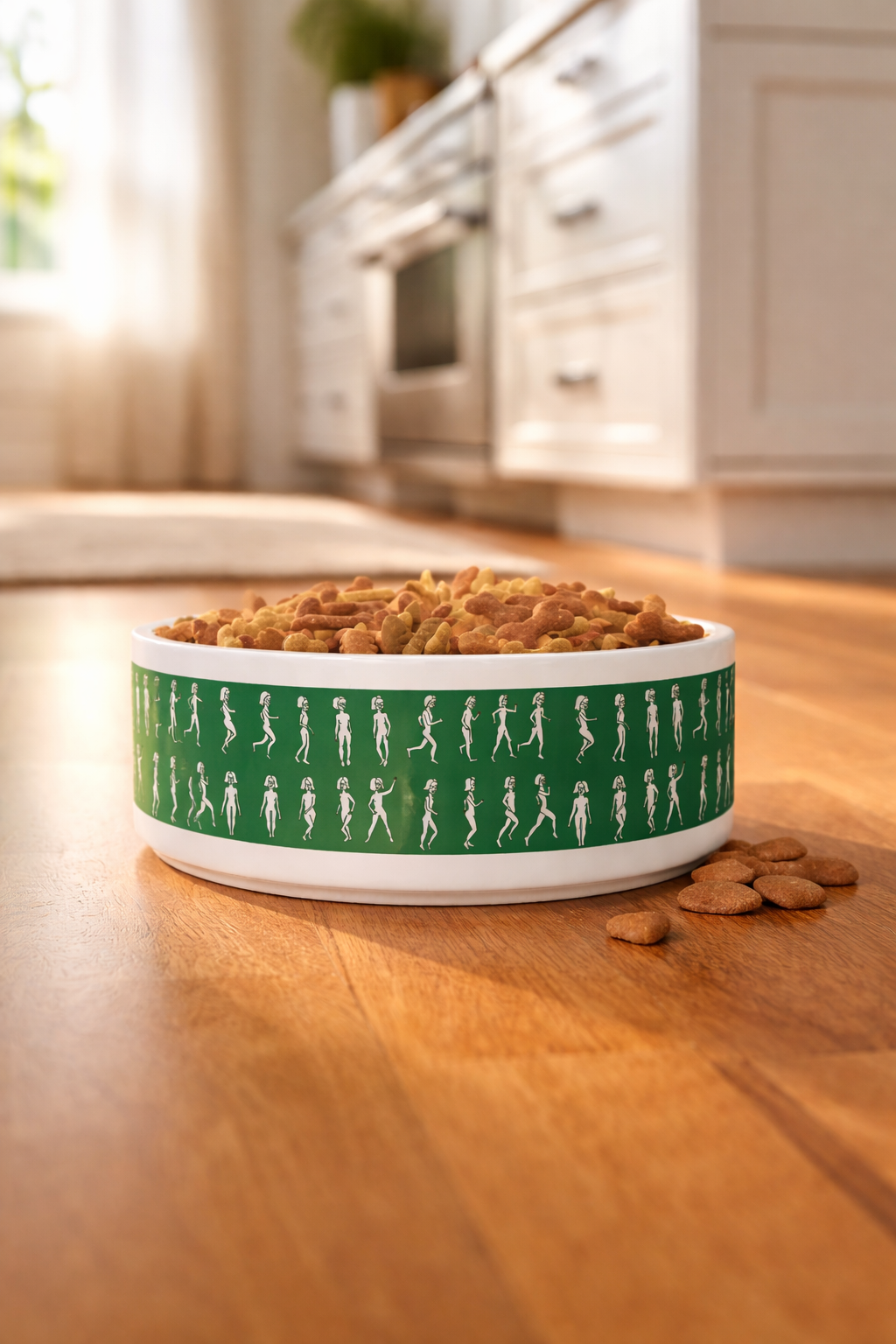 Green running out ceramic pet bowl filled with dog food on kitchen floor