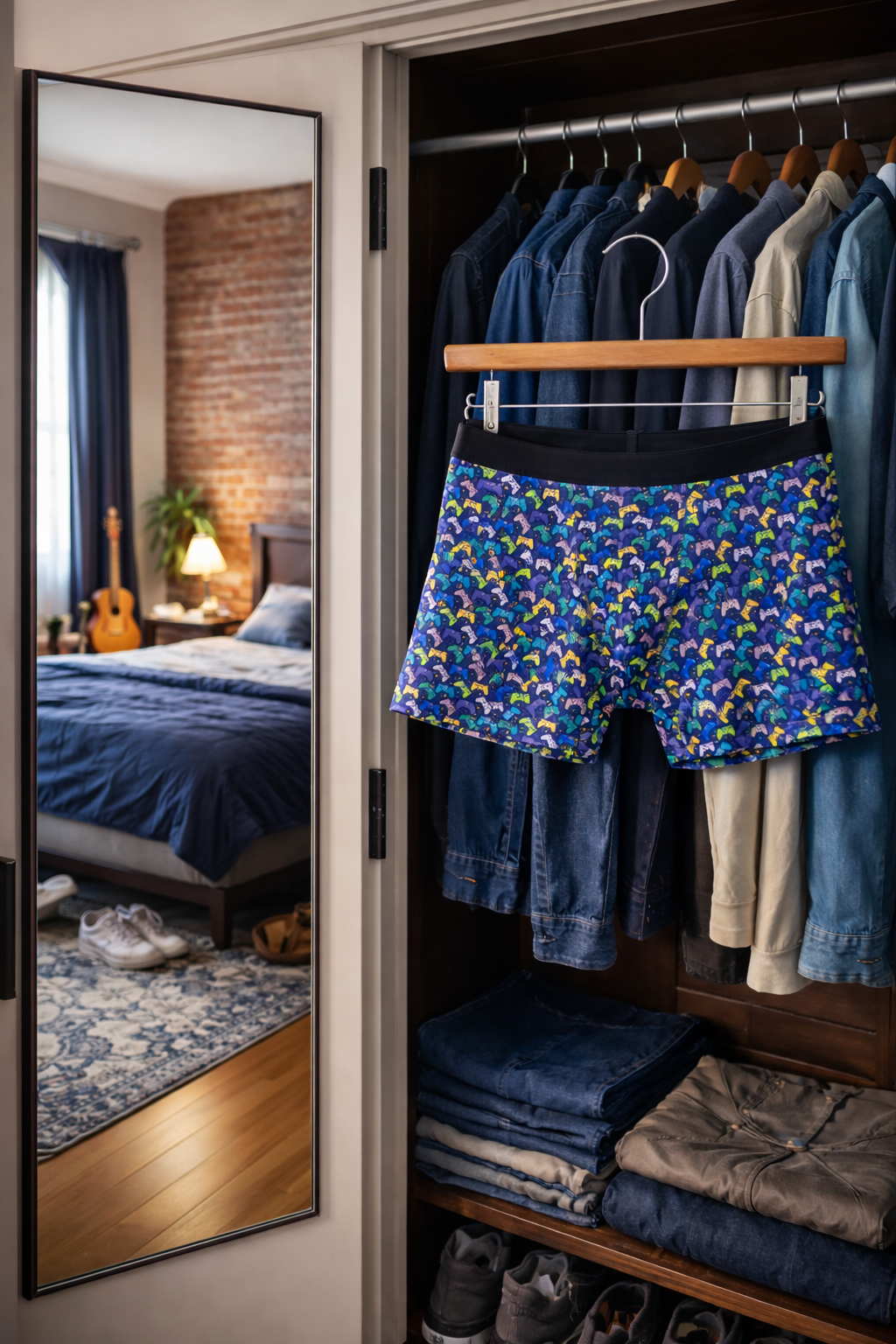 Graphic gaming boxer briefs with controller print hanging in wardrobe lifestyle product photo
