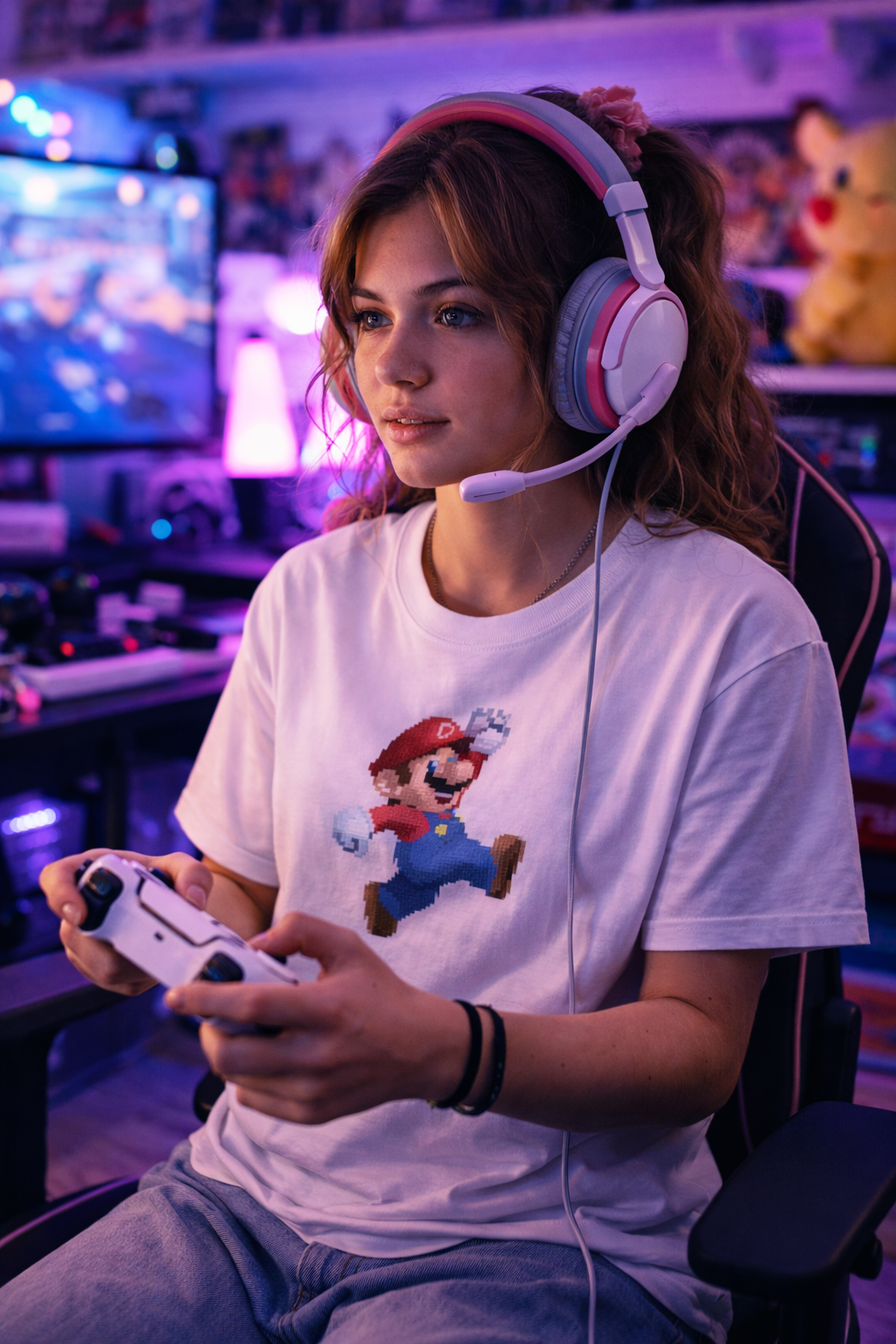 Young woman gaming with headset wearing Brooklyn Plumber T-Shirt featuring pixel inspired retro character graphic