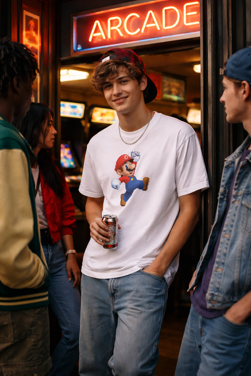 Lifestyle photo of Brooklyn Plumber T-Shirt worn in arcade setting highlighting nostalgic gaming style